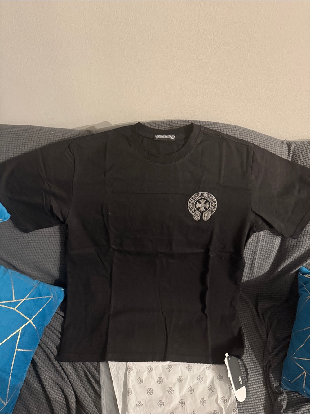 New! Chrome Hearts Horseshoe Tee in black, featuring a large graphic cross logo